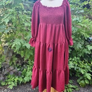 1831‎ Boho Peasant Dress Long Sleeve Cottagecore Tiered Maxi Dress Burgundy
